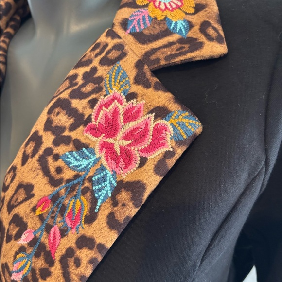 Embroidered Black Jacket with Leopard Print and flower Accents - Picture 2 of 8